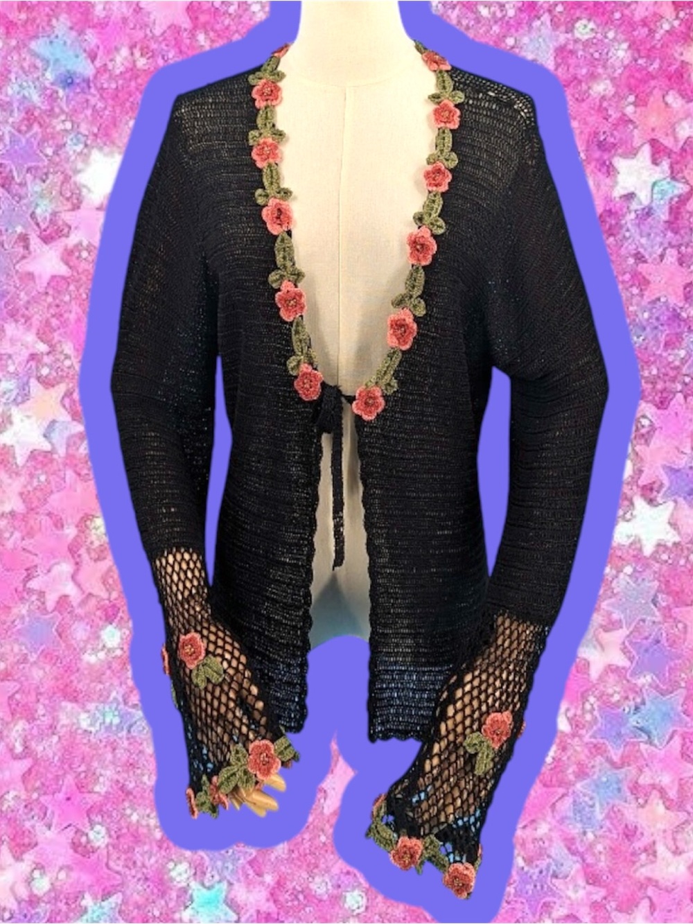 Sue Wong vintage y2k crochet cardigan 10 coquette whimsygoth fairy beaded 90s